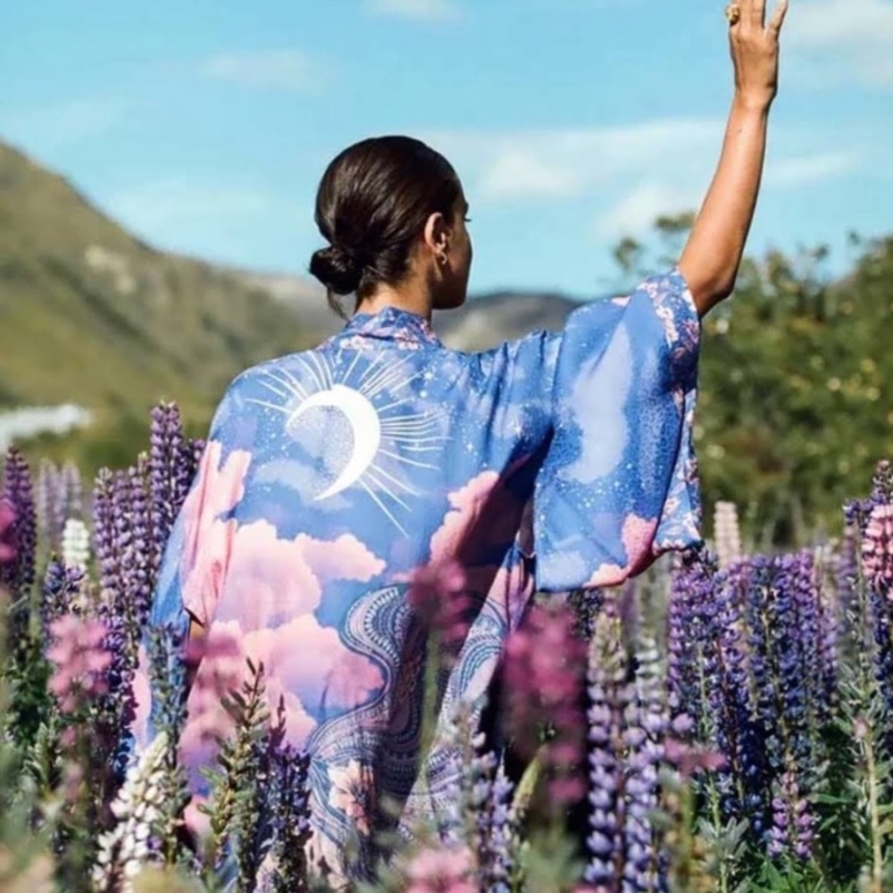 New Bohemian Moon & Stars Mixed Floral Print Kimono Cardigan Jacket Robe - Picture 5 of 17